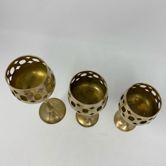 Set of 3 Vintage Mid Century Brass Cutout Footed Candle Holders - Picture 2 of 6